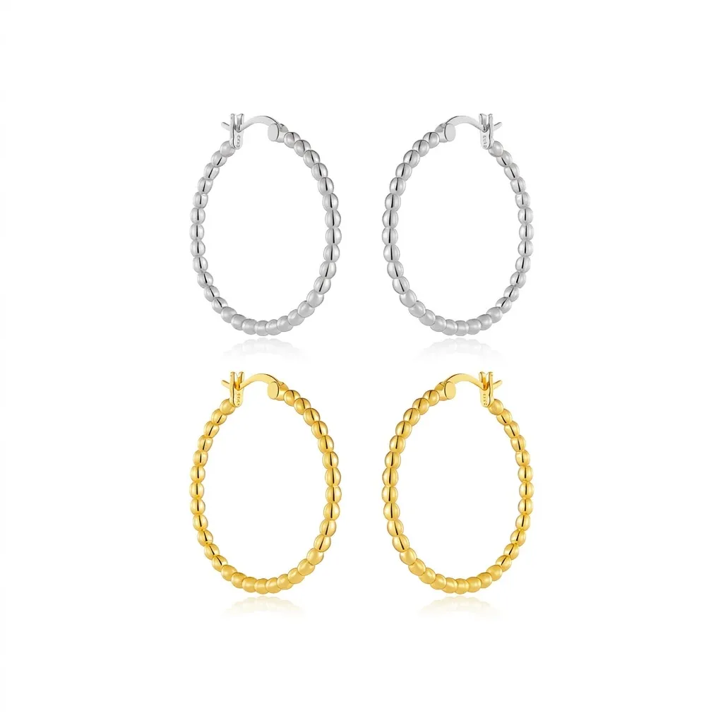 925 Sterling Silver Minimalist Beaded Oval Hoops 60400038