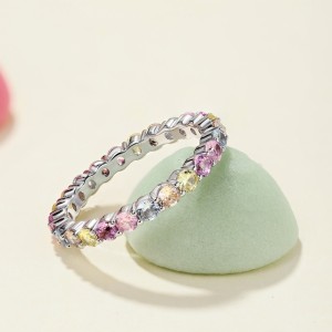 925 Sterling Silver 2mm Rainbow Zirconia Band Ring 70100212