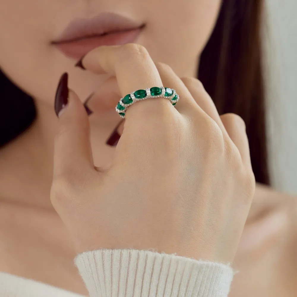 925 Sterling Silver Vintage Emerald Zirconia Band Ring 70100257 - image1