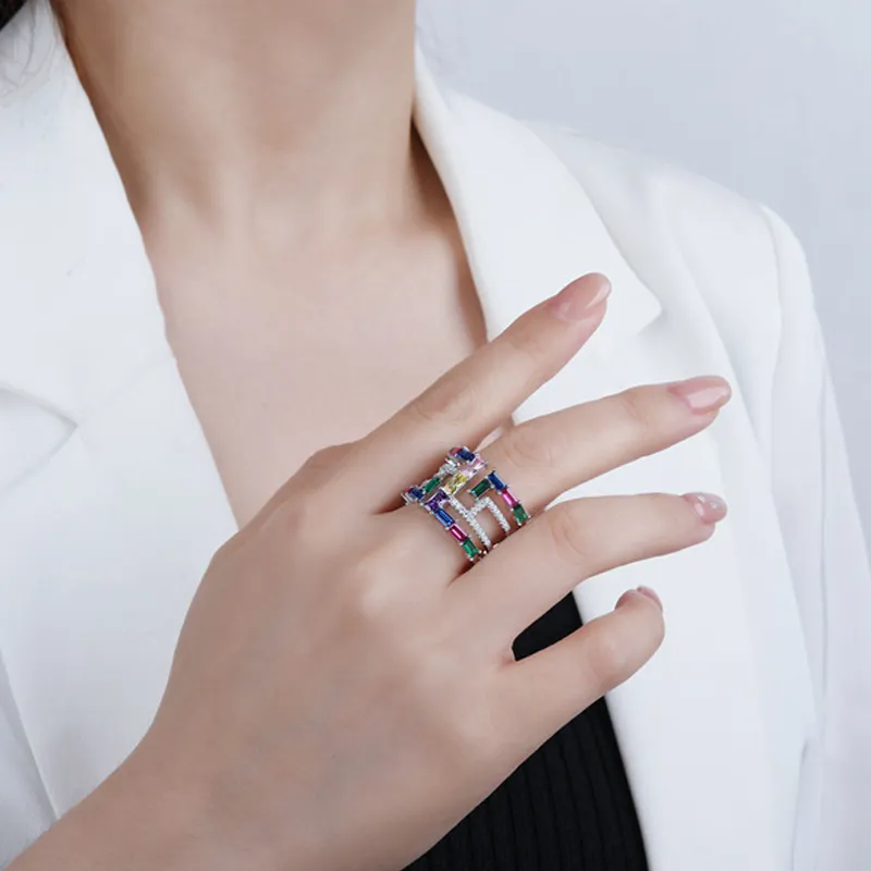 925 Sterling Silver Unique Rainbow Zirconia Band Ring 70100277 - image1