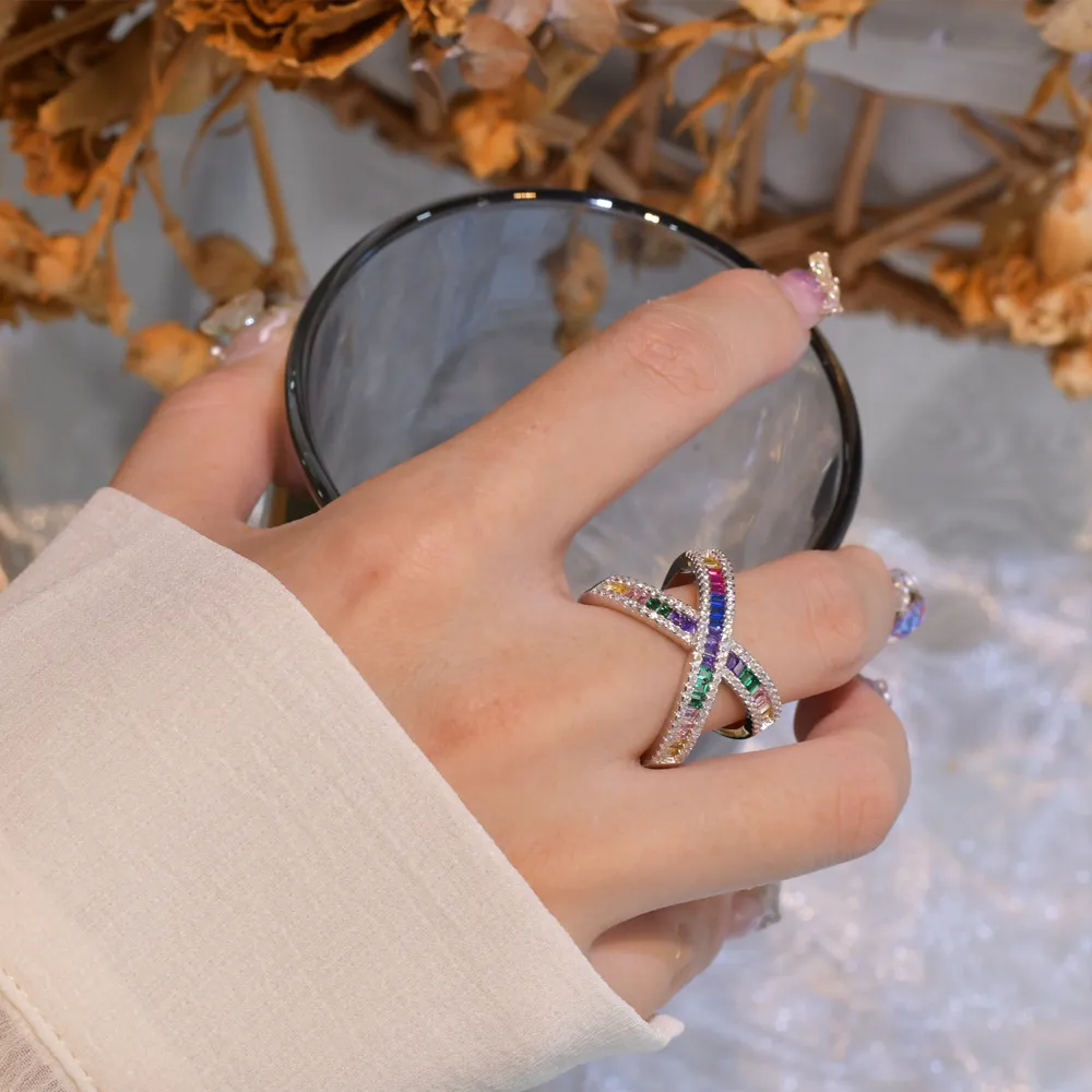925 Sterling Silver Rainbow Cross Lines Zirconia Band Ring 70100292 - image1