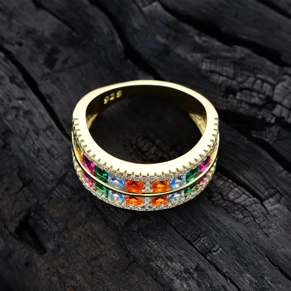 925 Sterling Silver Luxury Square Rainbow Zirconia Band Ring 70100293 - image2