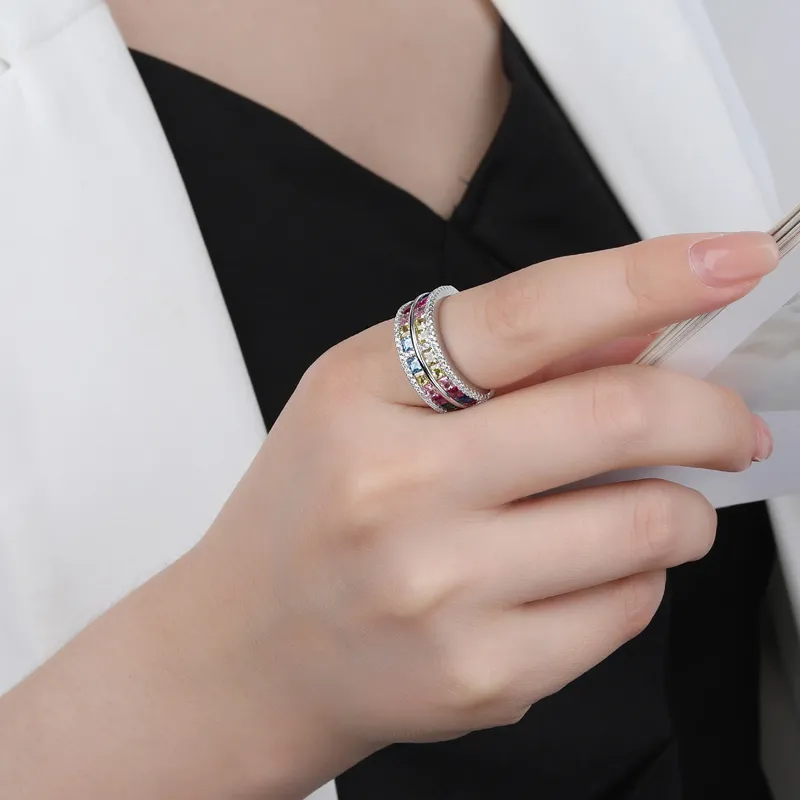 925 Sterling Silver Luxury Square Rainbow Zirconia Band Ring 70100293 - image1