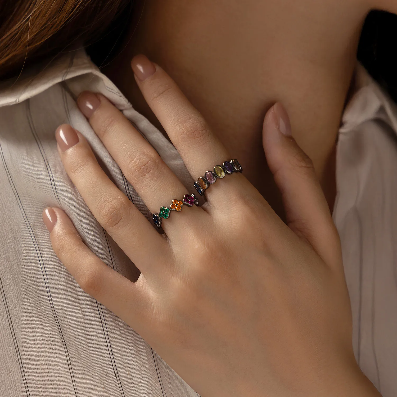 925 Sterling Silver Colorful Zirconia Statement Band Ring 70100320 - image1