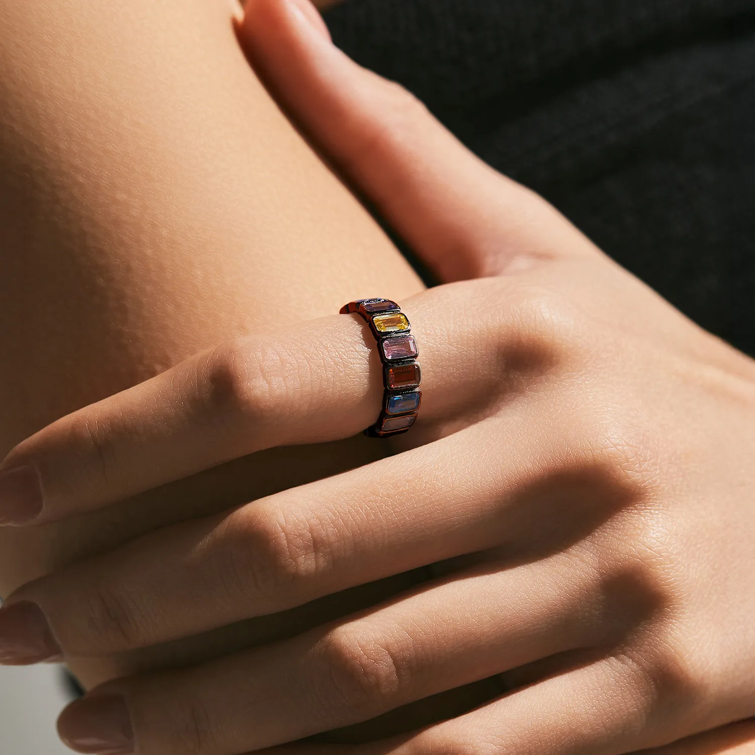 925 Sterling Silver Colorful Zirconia Punk Band Ring 70100321 - image1