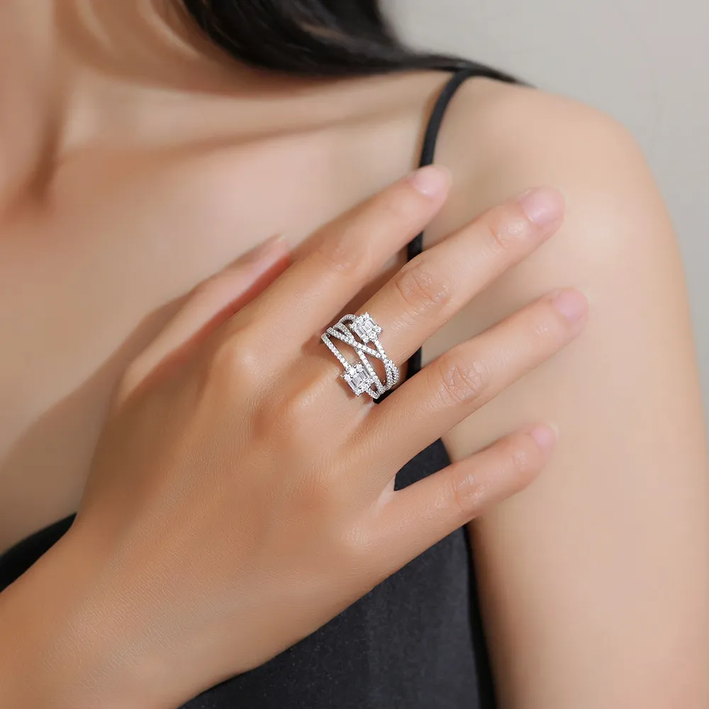 925 Sterling Silver Multi-Layer Baguette Round CZ Band Ring 70100341 - image1