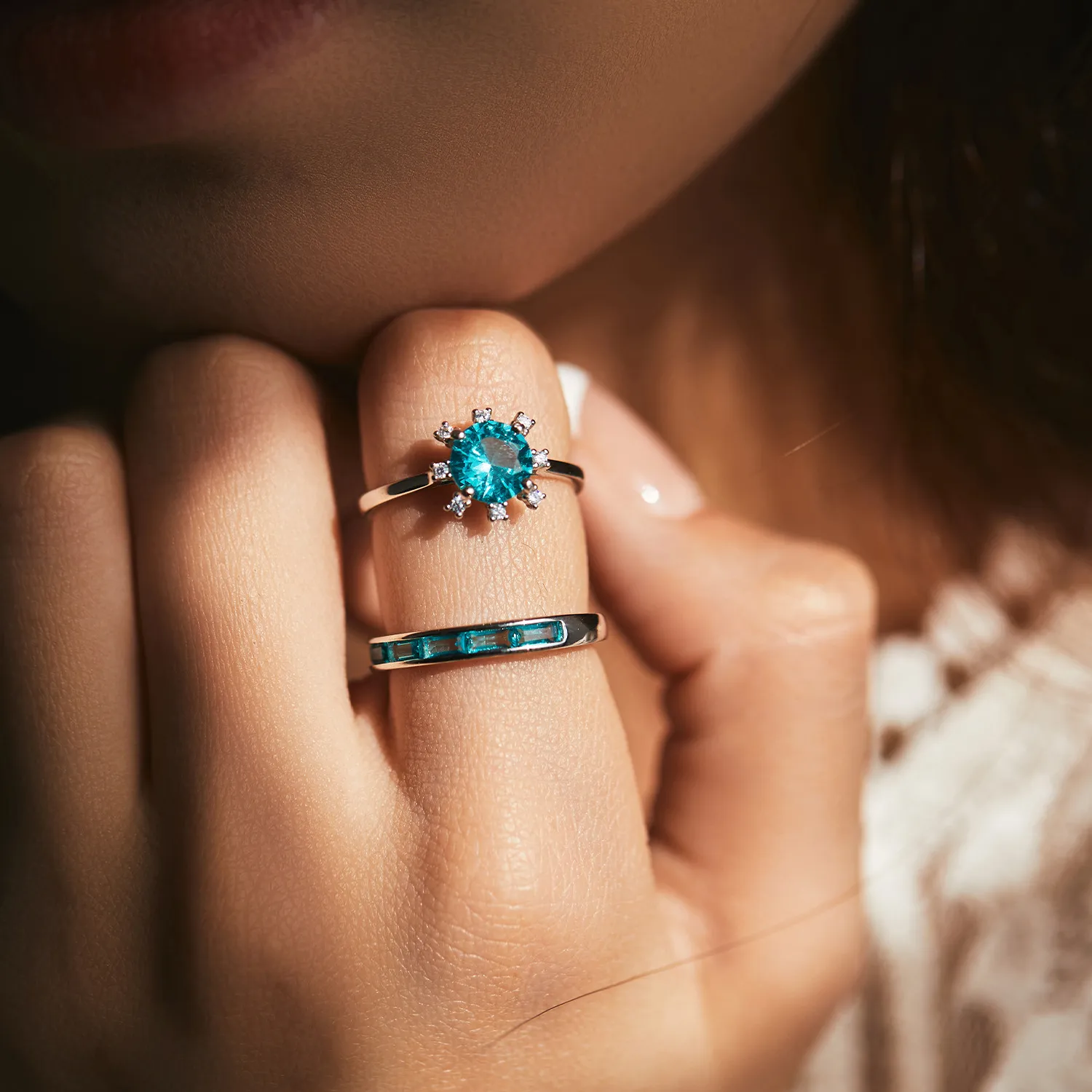 925 Sterling Silver Paraiba Sunflower Baguette-cut Band Ring 70100351 - image1