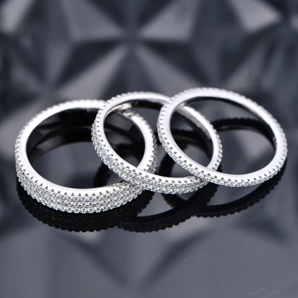 925 Sterling Silver 4mm Triple Row Full Pave Zirconia Ring 70100406 - image1