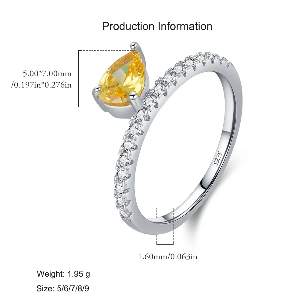 925 Sterling Silver Teardrop Yellow Stone Ring 70100424 - image2