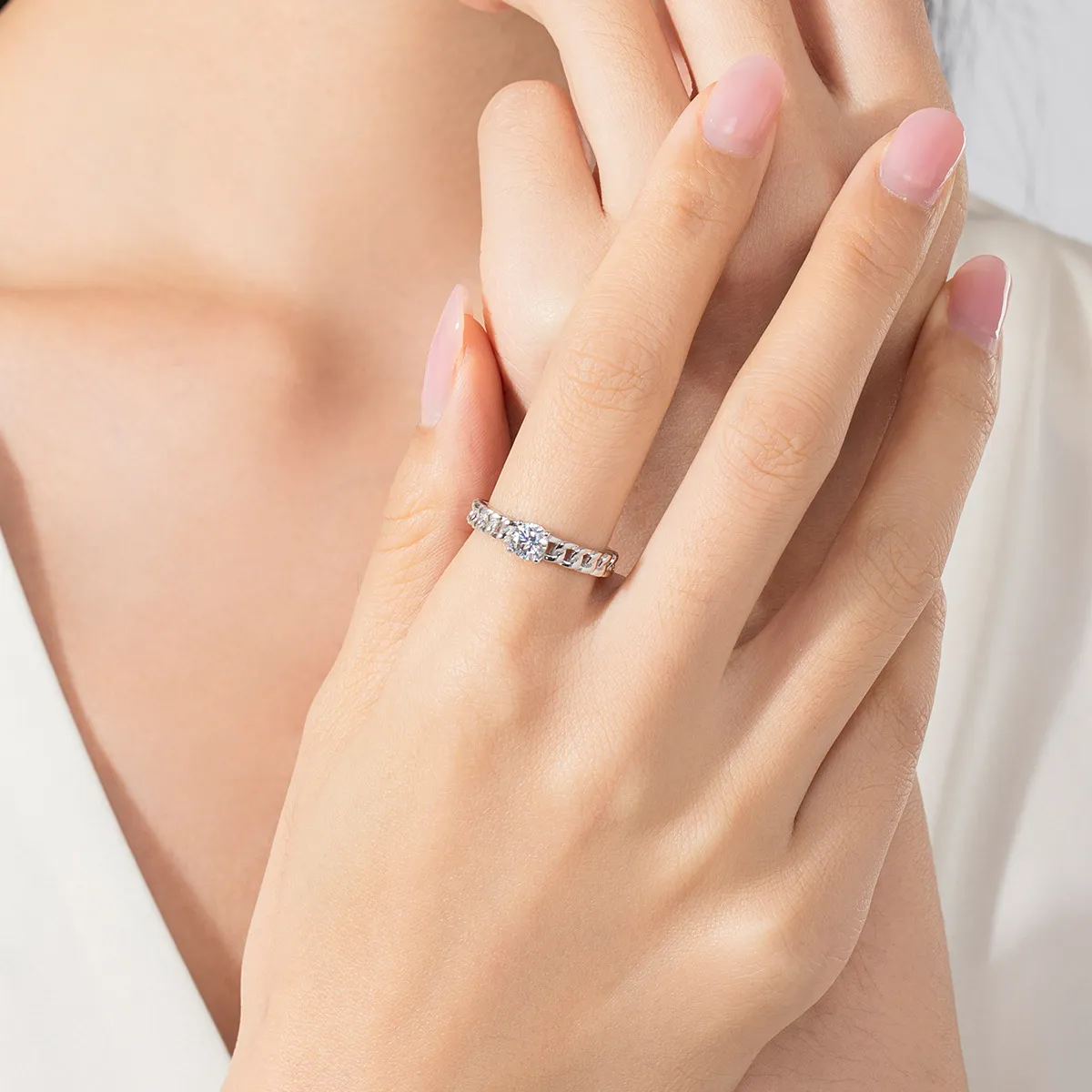 925 Sterling Silver Chain Link CZ Solitaire Ring 70100425 - image1