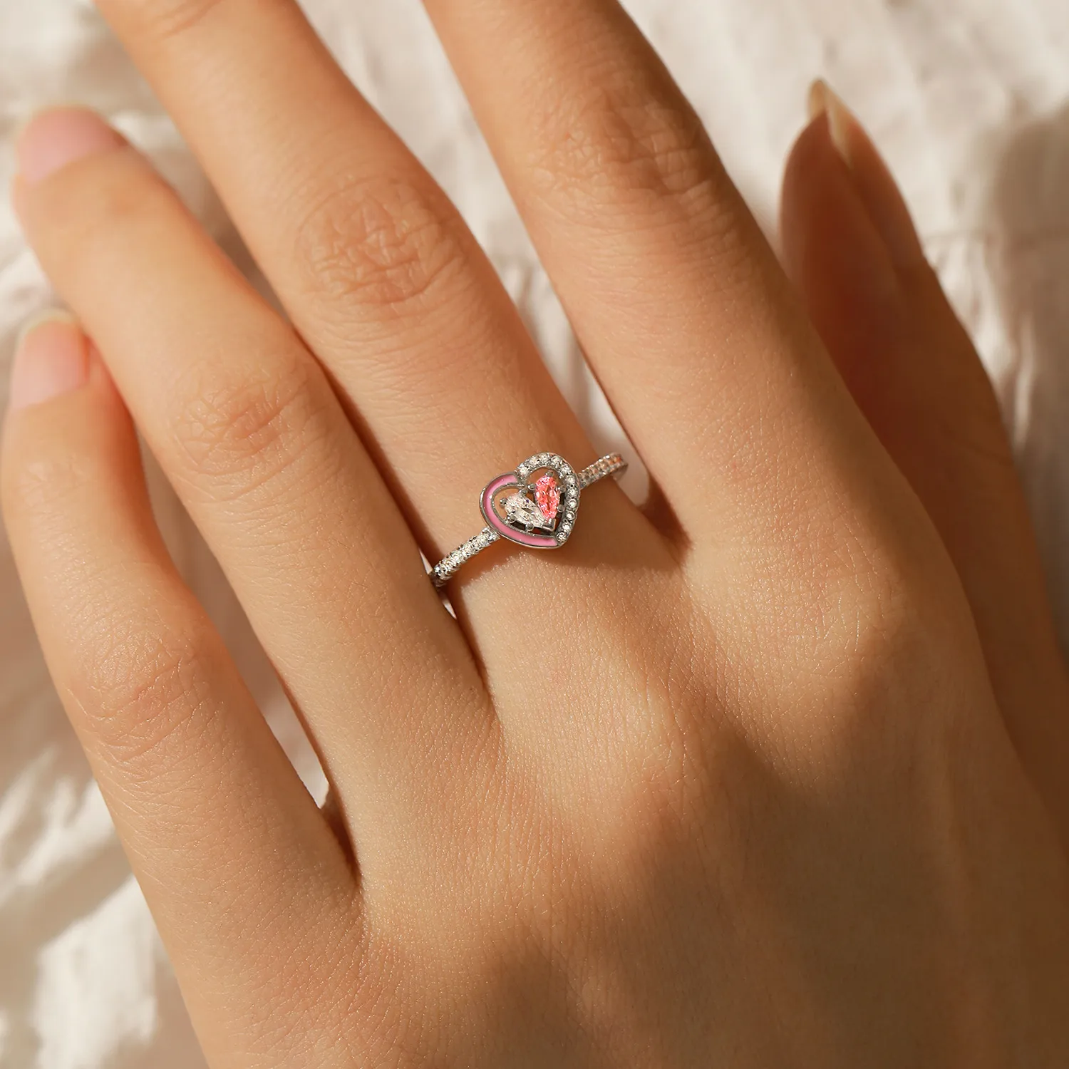 925 Sterling Silver Pink Enamel Double Gemstone Heart Ring 70100430 - image1