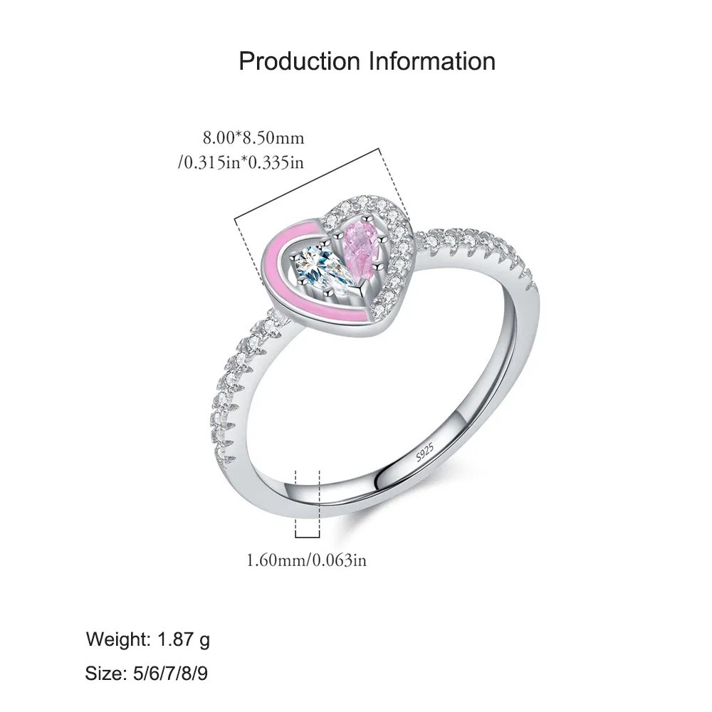 925 Sterling Silver Pink Enamel Double Gemstone Heart Ring 70100430 - image2