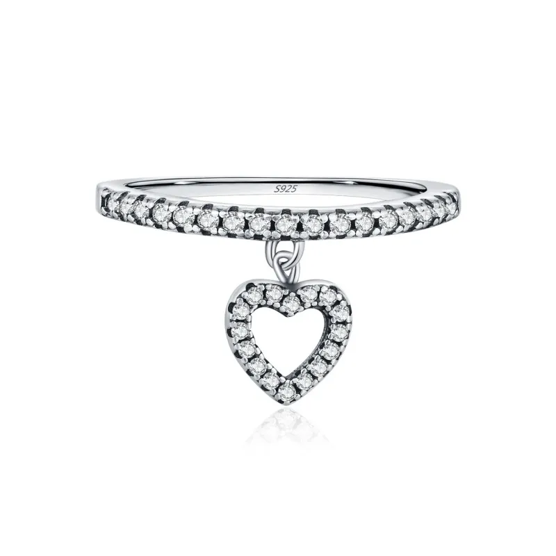 925 Sterling Silver Heart Zircon Dangle Ring 70100442