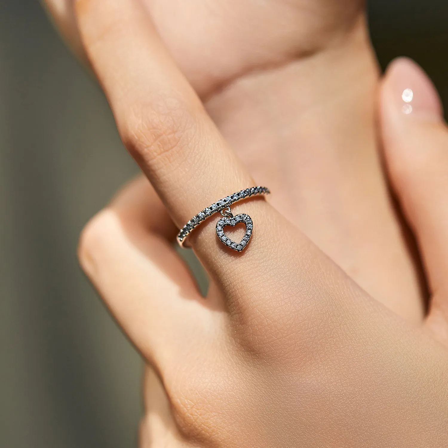 925 Sterling Silver Heart Zircon Dangle Ring 70100442 - image1