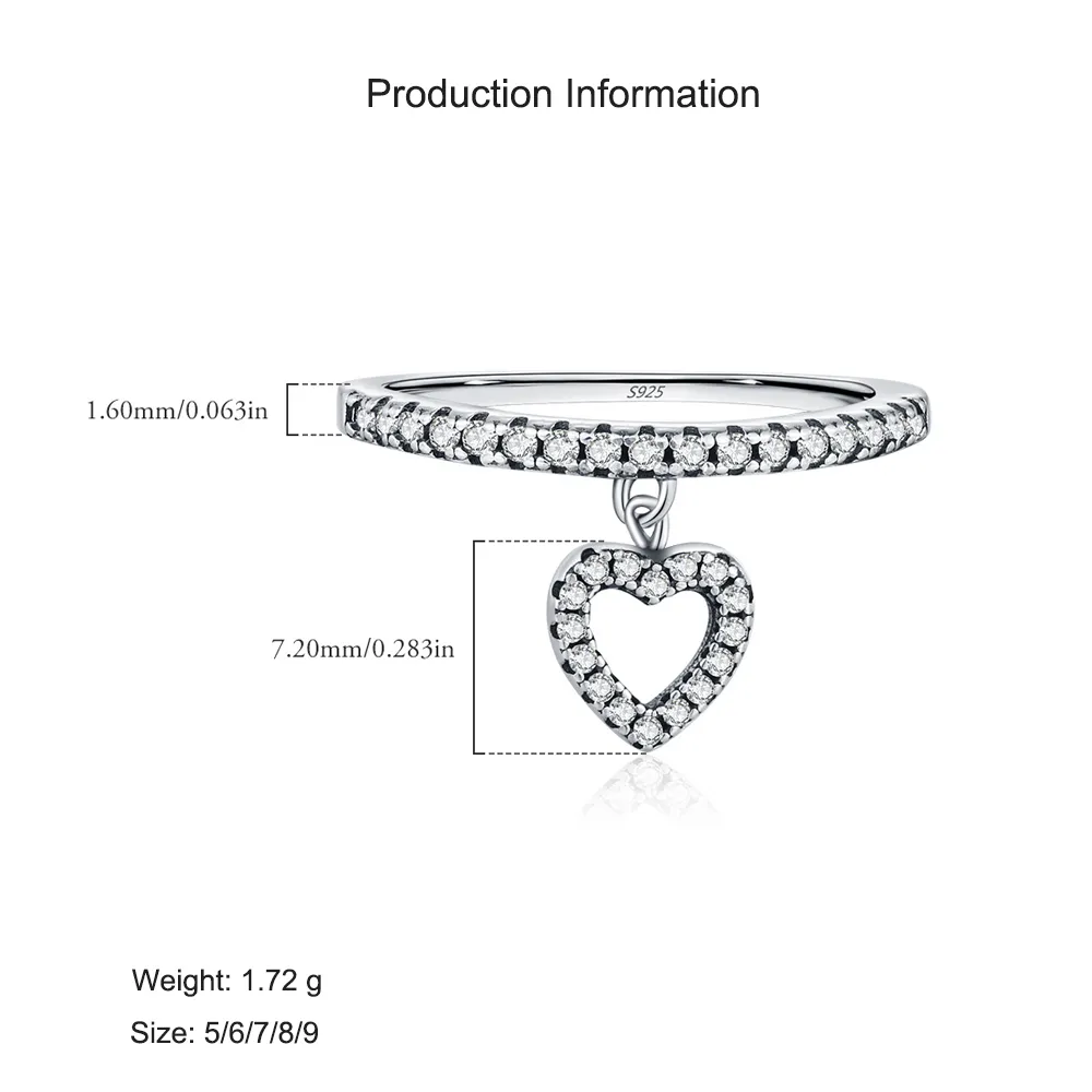 925 Sterling Silver Heart Zircon Dangle Ring 70100442 - image2