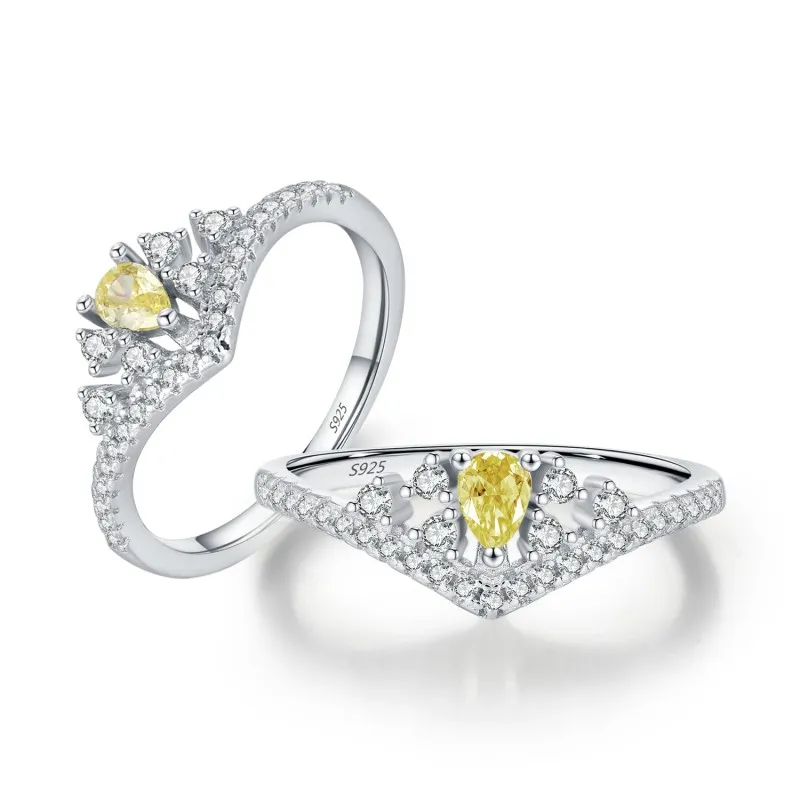 925 Sterling Silver Yellow Teardrop Crown Ring 70100468