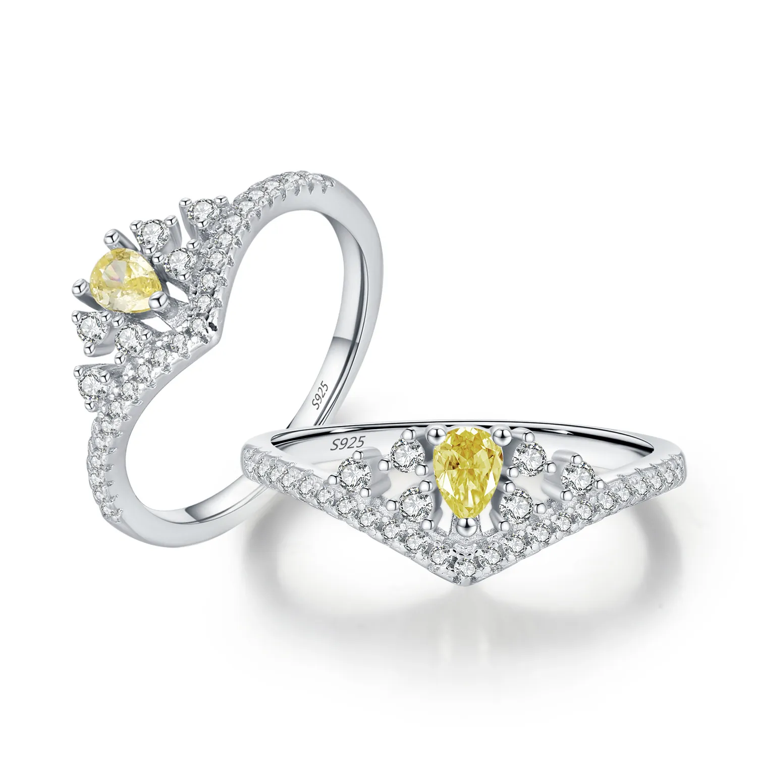 925 Sterling Silver Yellow Teardrop Crown Ring 70100468