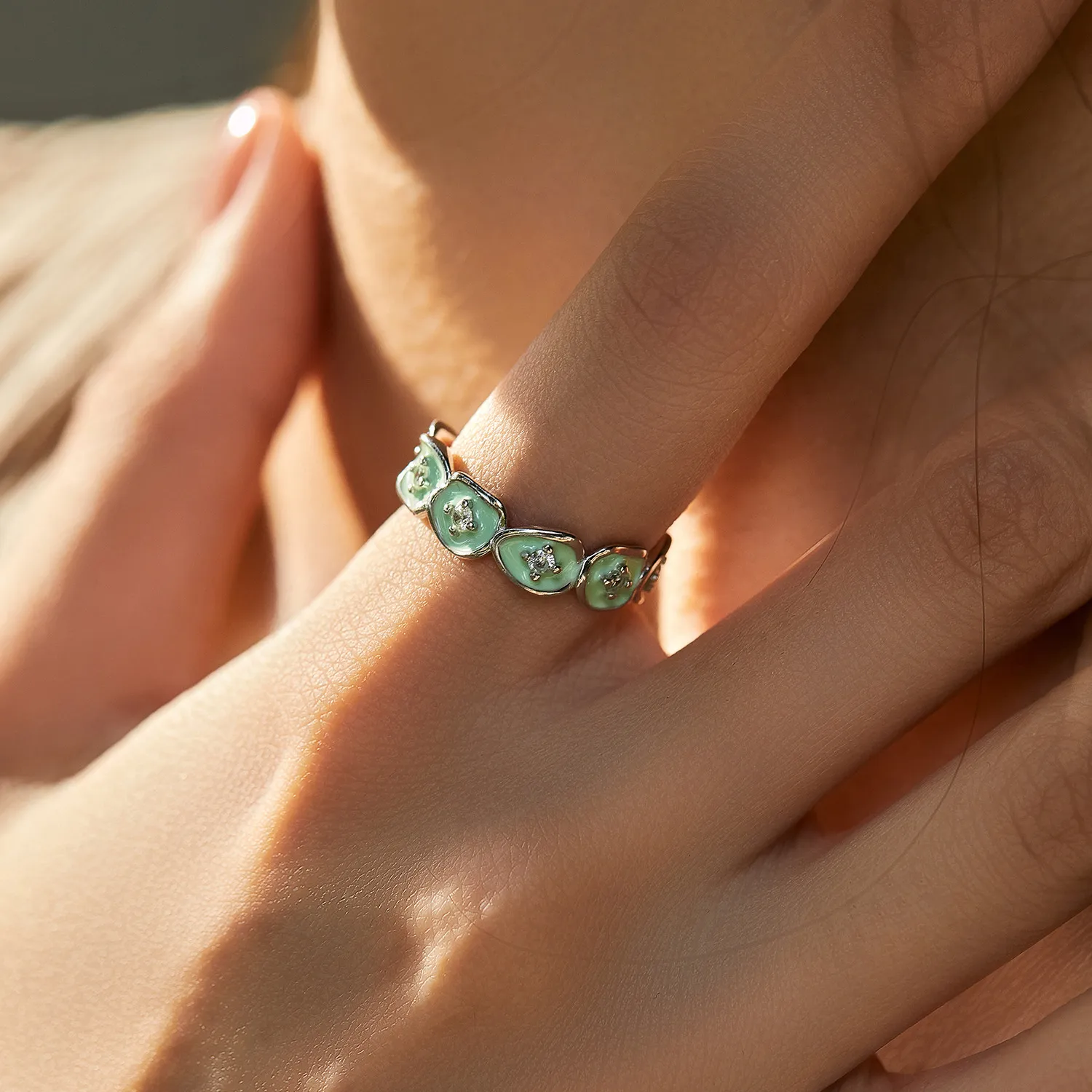 925 Sterling Silver Mint Green Enamel Ring 70100471 - image1