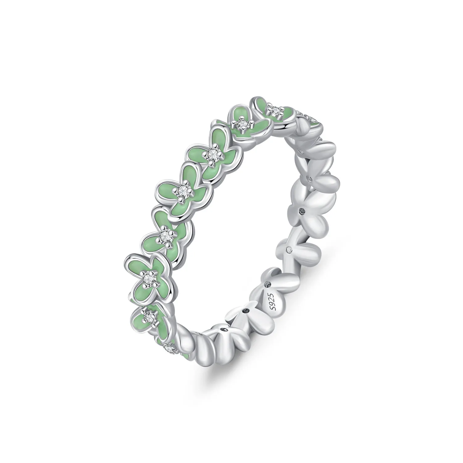 925 Sterling Silver Mint Green Clover Flower Zircon Ring 70100472