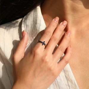 925 Sterling Silver Blue Sideways Cross Ring 70100581