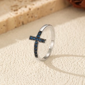 925 Sterling Silver Blue Sideways Cross Ring 70100581