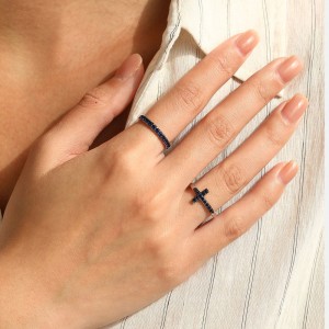 925 Sterling Silver Blue Sideways Cross Ring 70100581