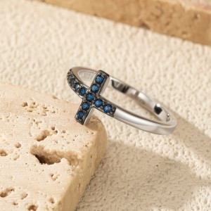 925 Sterling Silver Blue Sideways Cross Ring 70100581