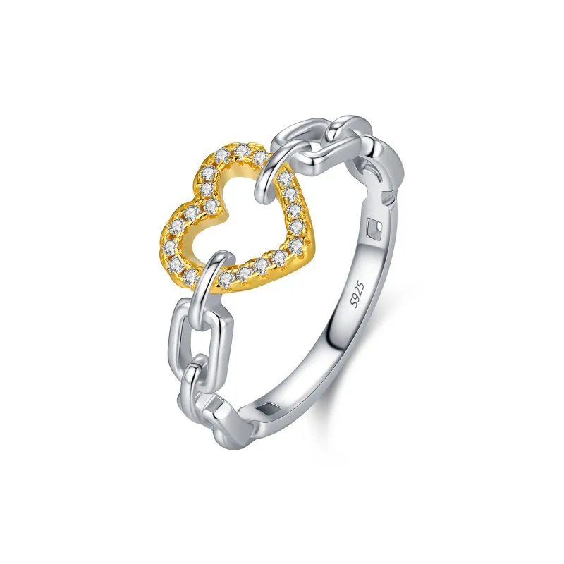 925 Sterling Silver Two-Tone Pave Heart Chain Ring 70100583