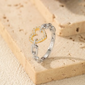 925 Sterling Silver Two-Tone Pave Heart Chain Ring 70100583
