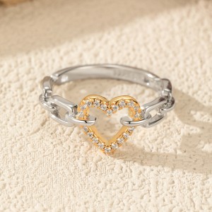 925 Sterling Silver Two-Tone Pave Heart Chain Ring 70100583