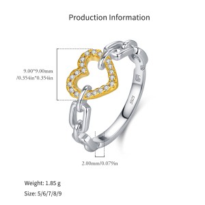 925 Sterling Silver Two-Tone Pave Heart Chain Ring 70100583