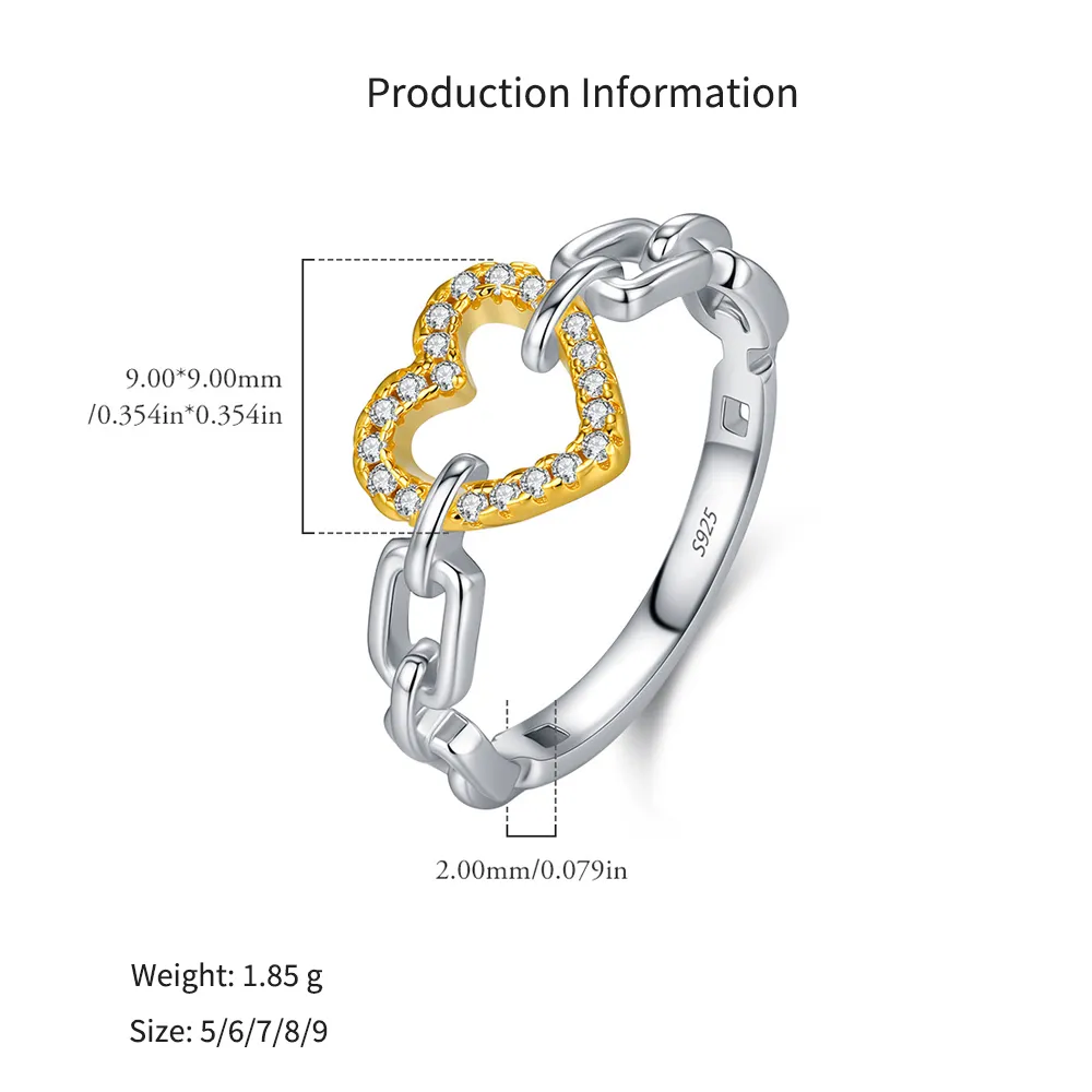 925 Sterling Silver Two-Tone Pave Heart Chain Ring 70100583 - image2