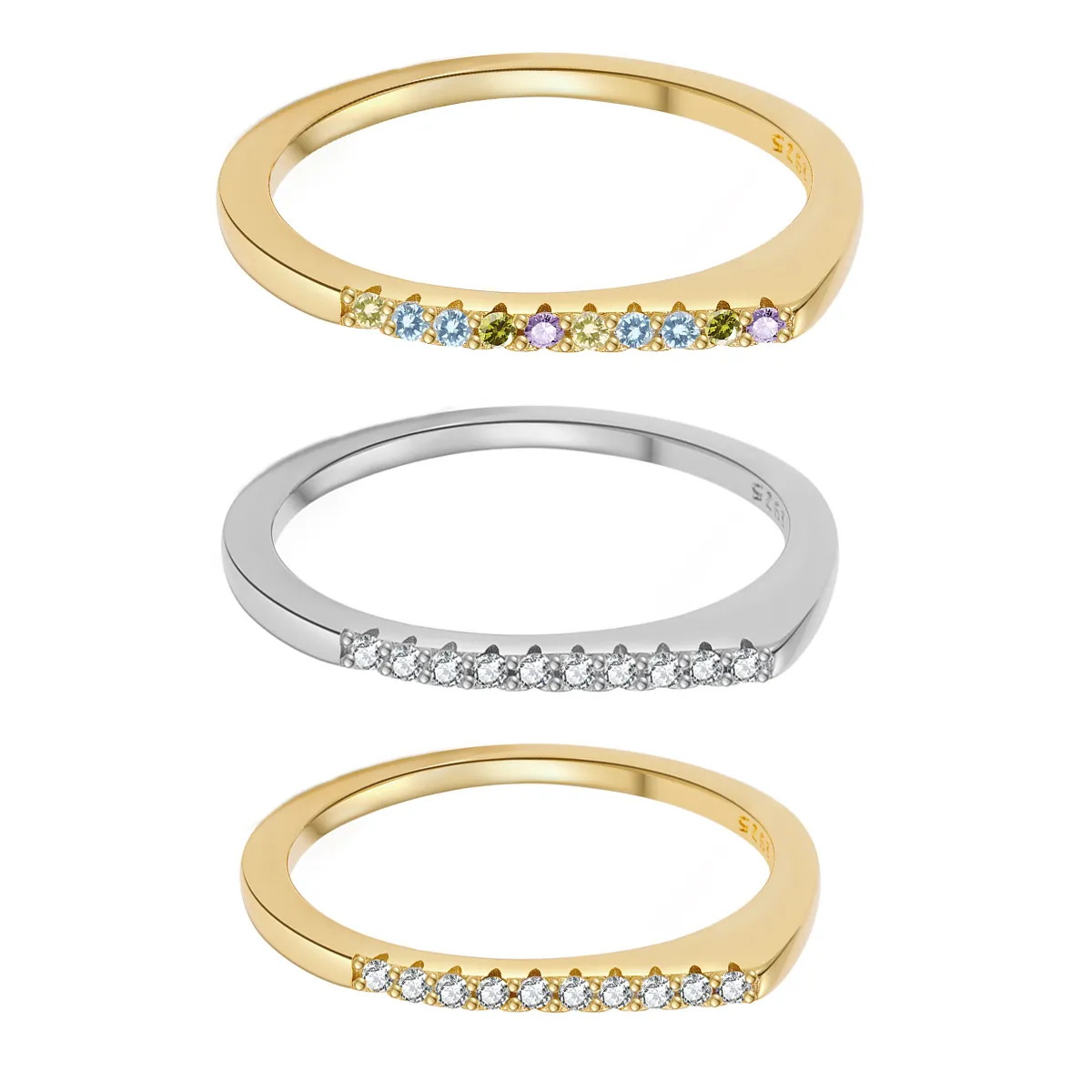 925 Sterling Silver Minimalist Flat-Top Pave Ring 70100586