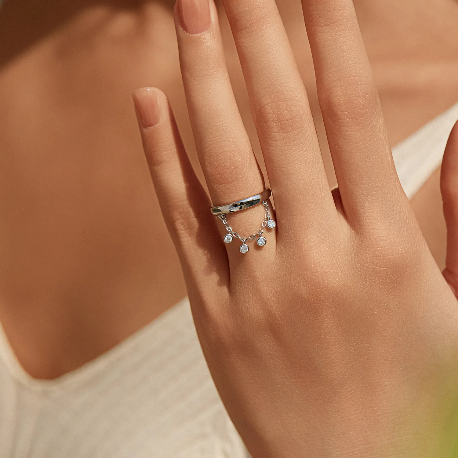 Wholesale 925 Sterling Silver Zircon Tassel Chain Stacking Ring 70100601 - image1