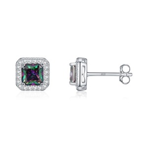 925 Sterling Silver Colorful Cushion Halo Stud Earrings 40200759