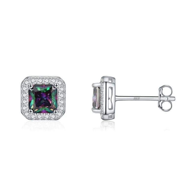 925 Sterling Silver Colorful Cushion Halo Stud Earrings 40200759