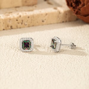 925 Sterling Silver Colorful Cushion Halo Stud Earrings 40200759