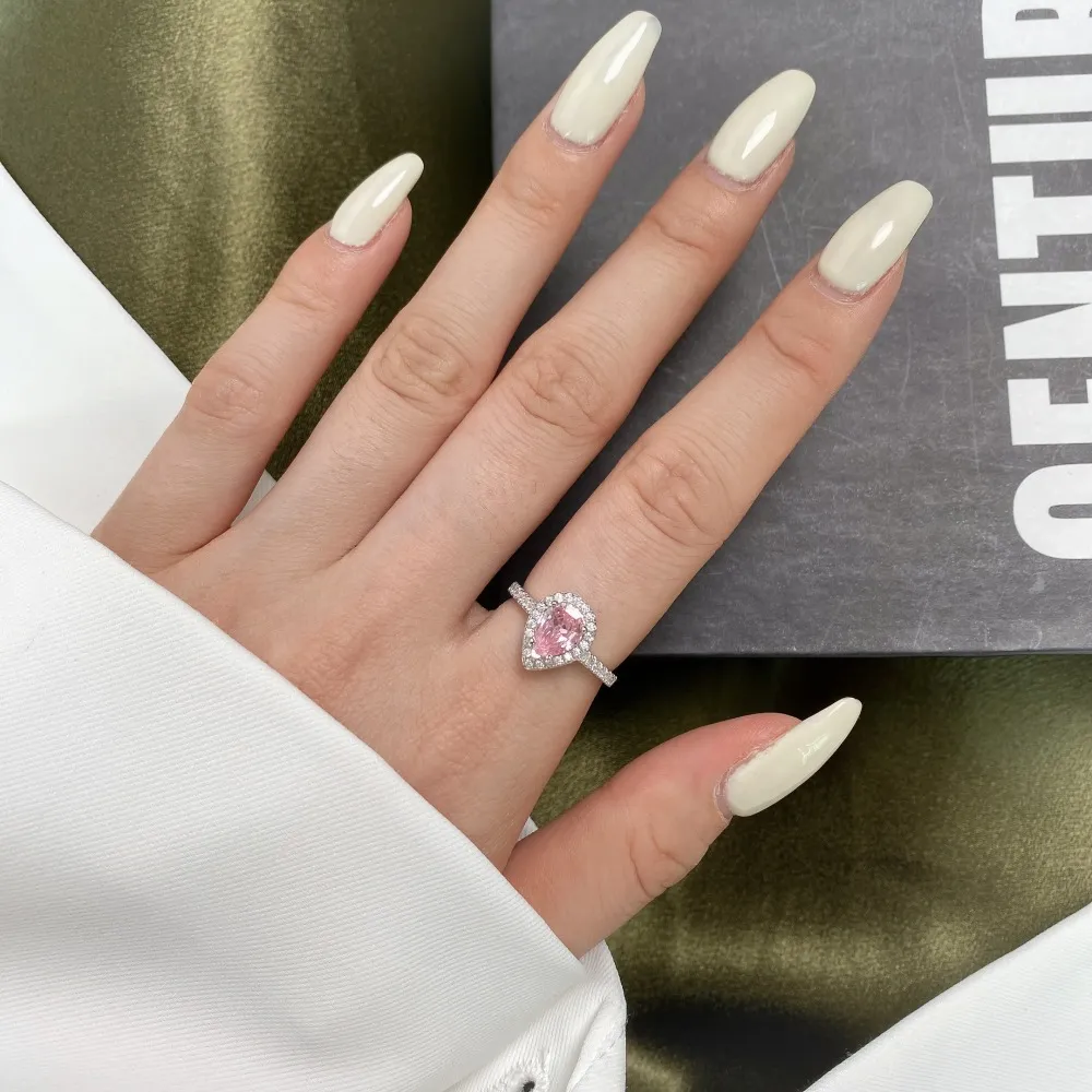 925 Sterling Silver 5A Zirconia Pink Teardrop Solitaire Rings 70200070 - image1