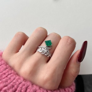 925 Sterling Silver Emerald Zirconia Leaf Ring 70200210
