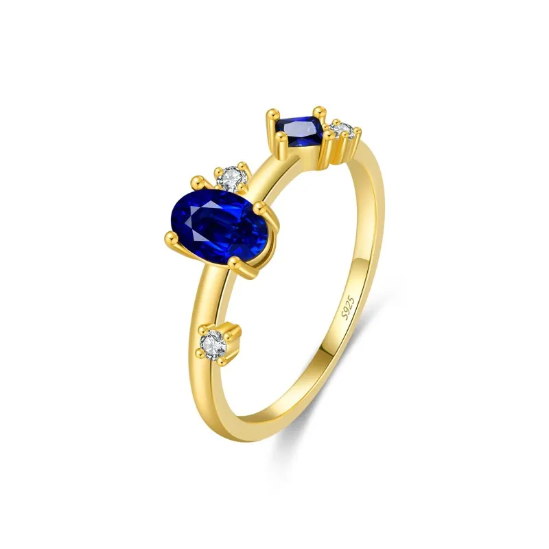 925 Sterling Silver Asymmetrical Oval Simulated Sapphire Ring 70200304