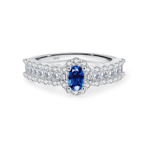 925 Sterling Silver Oval Simulated Sapphire Halo Ring 70200305