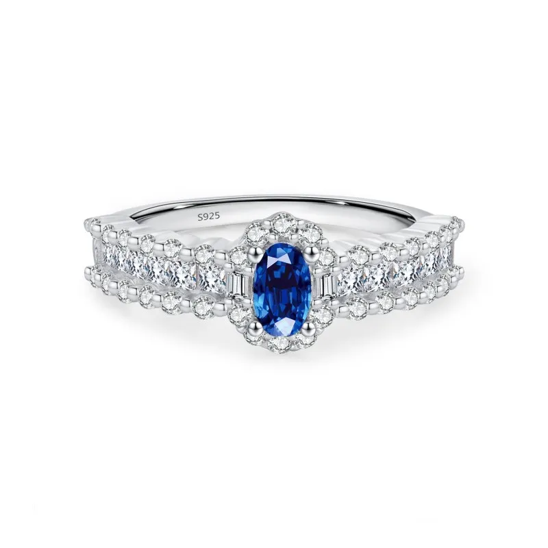 925 Sterling Silver Oval Simulated Sapphire Halo Ring 70200305