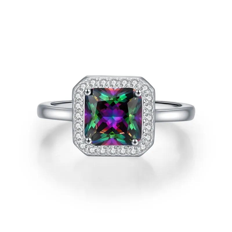 925 Sterling Silver Colorful Cushion Halo Ring 70200380