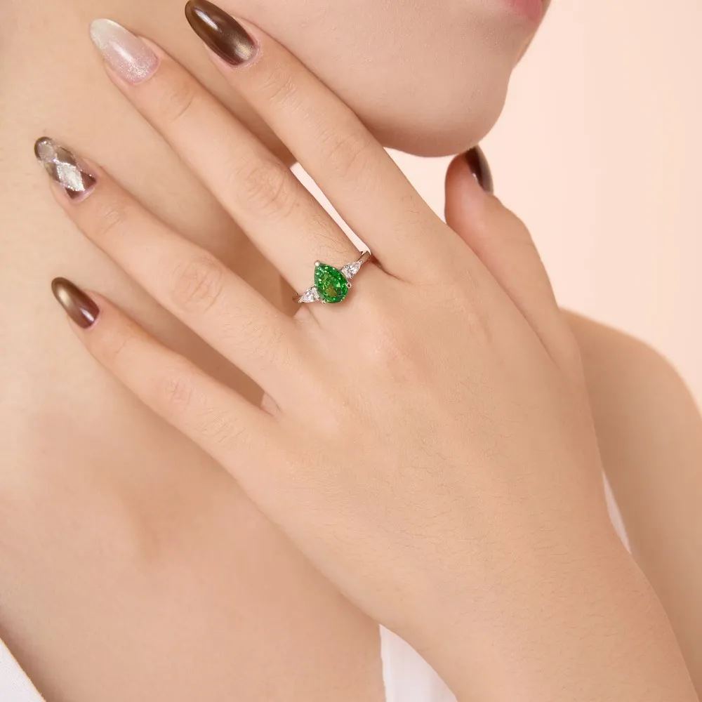 925 Sterling Silver Green Pear Three-Stone Ring 70200388 - image1