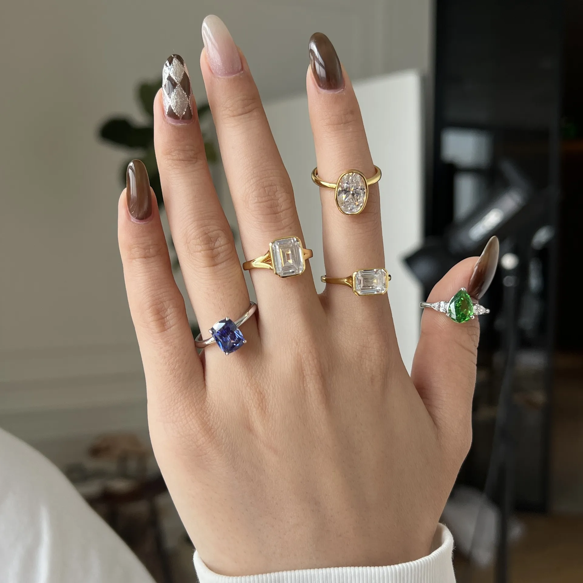 925 Sterling Silver Green Pear Three-Stone Ring 70200388 - image4