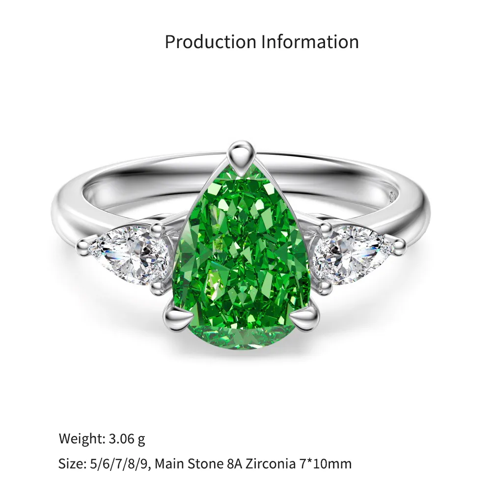 925 Sterling Silver Green Pear Three-Stone Ring 70200388 - image2