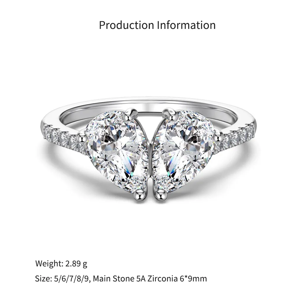 925 Sterling Silver Pave Band Spliced Double Pear Zircon Ring 70200393 - image2