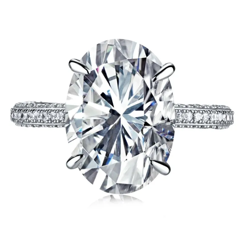 925 Sterling Silver 10*14 Oval Solitaire Pave Ring 70200397