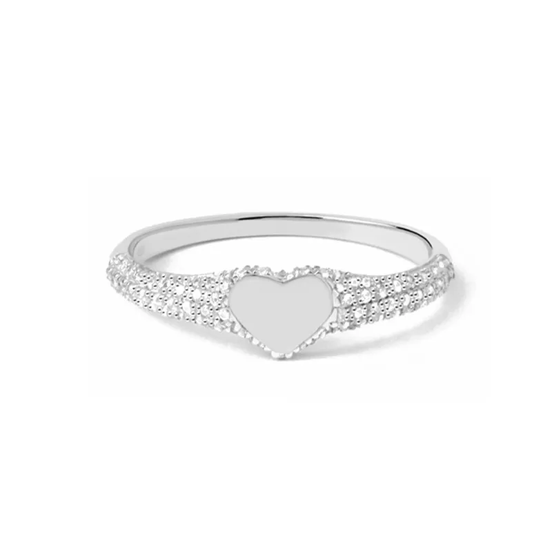 925 Sterling Silver Pave CZ Heart Signet Statement Ring 70300093