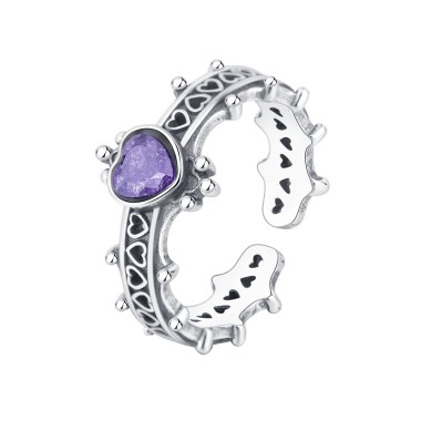 Vintage Violet Heart Crown Zirconia Open Rings 70400049